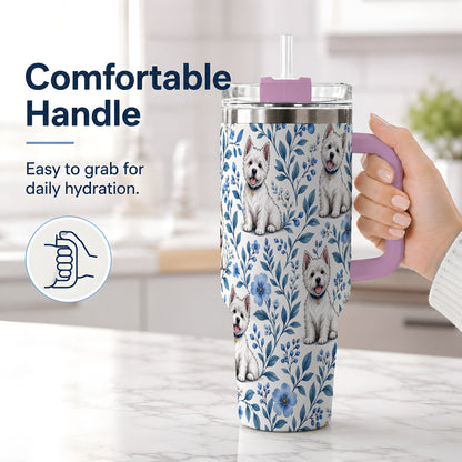 #pl[40oz|Pink] White Terrier Blue Floral 40oz Tumbler with Botanical Dog Artwork