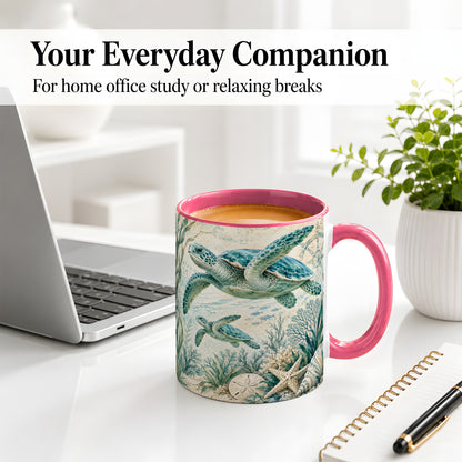 #pl[11oz|Pink] Sea Turtle Coastal Ceramic Mug, Ocean Wildlife Artwork