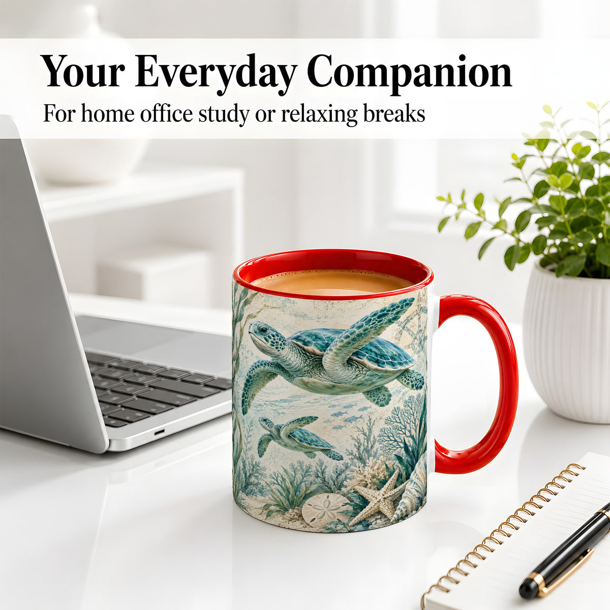 #pl[11oz|Red] Sea Turtle Coastal Ceramic Mug, Ocean Wildlife Artwork