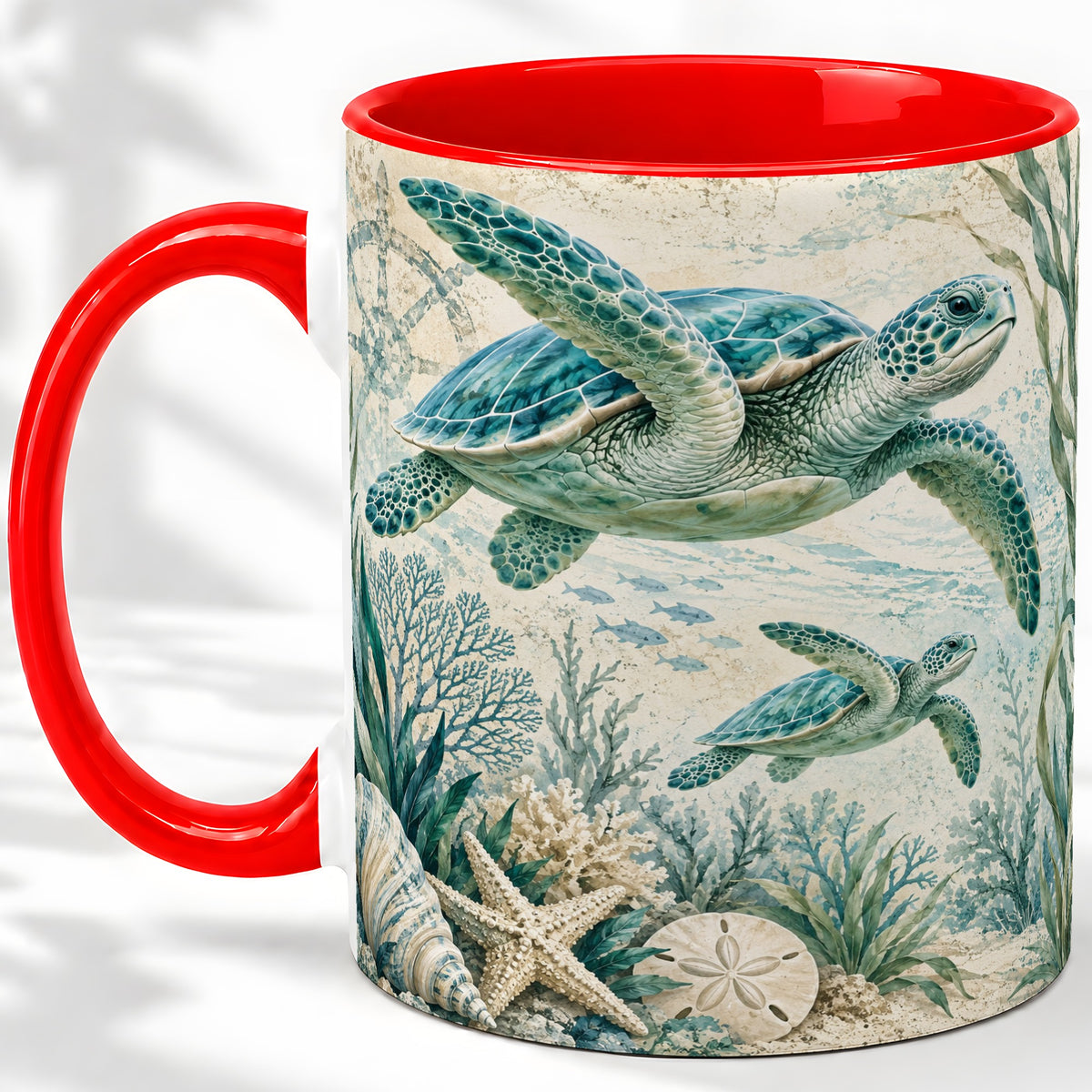 Sea Turtle Coastal Ceramic Mug, Ocean Wildlife Artwork