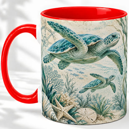 Sea Turtle Coastal Ceramic Mug, Ocean Wildlife Artwork