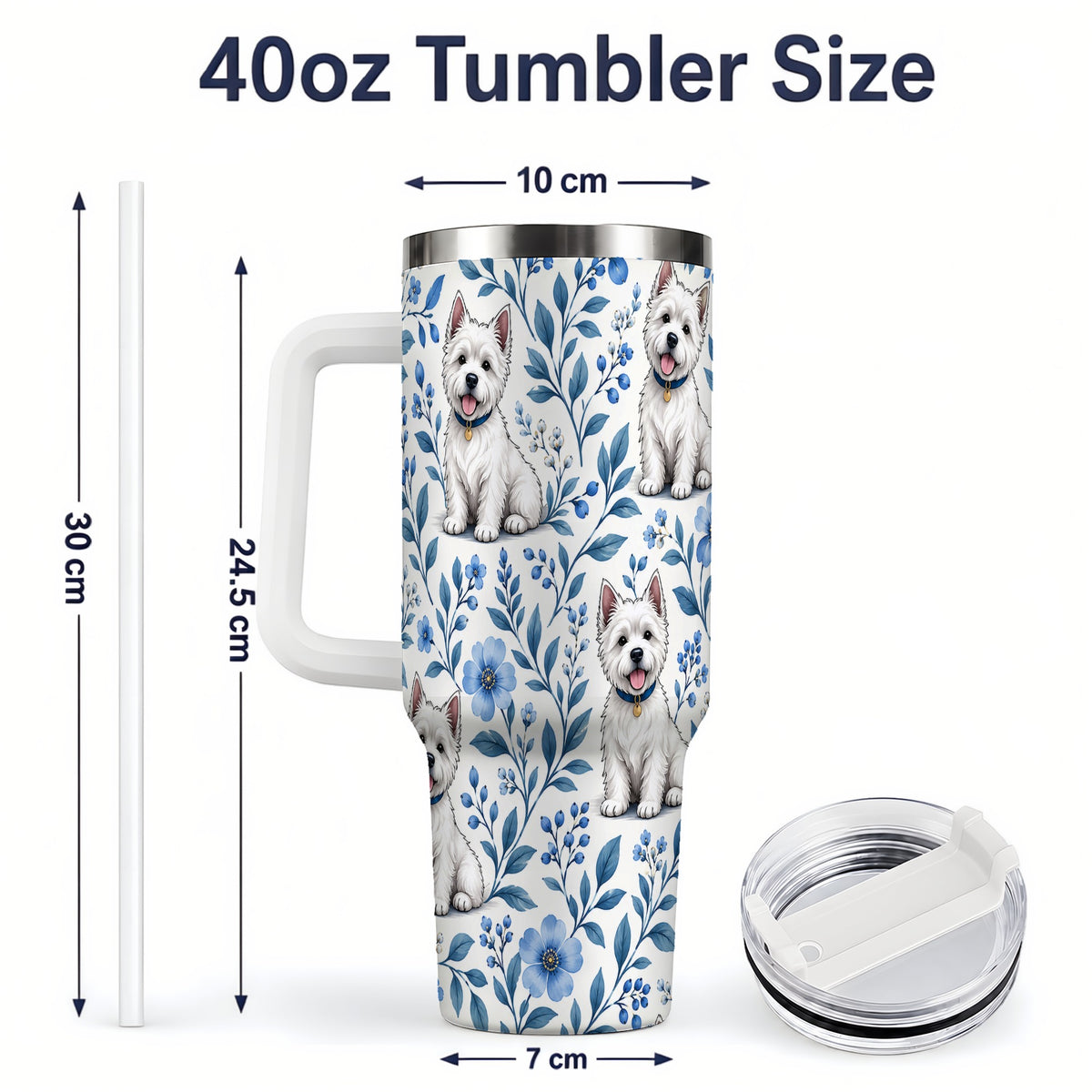 #pl[40oz|White] White Terrier Blue Floral 40oz Tumbler with Botanical Dog Artwork