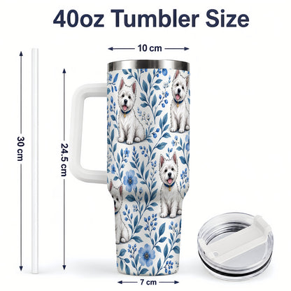#pl[40oz|White] White Terrier Blue Floral 40oz Tumbler with Botanical Dog Artwork