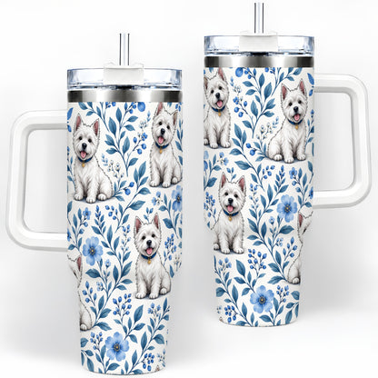 White Terrier Blue Floral 40oz Tumbler with Botanical Dog Artwork