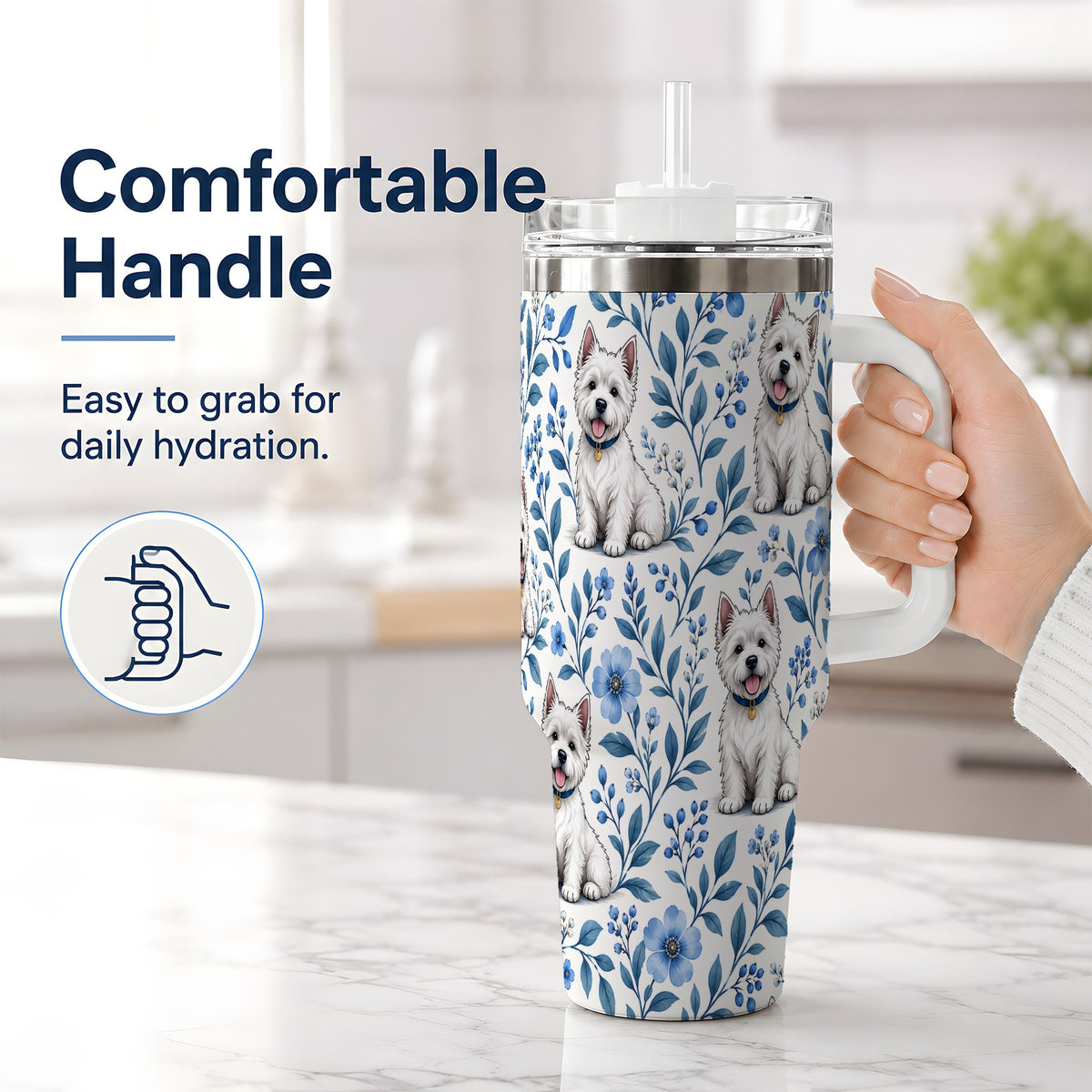 #pl[40oz|White] White Terrier Blue Floral 40oz Tumbler with Botanical Dog Artwork