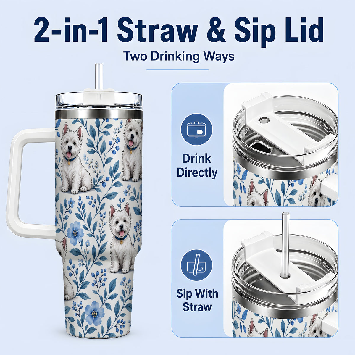 #pl[40oz|White] White Terrier Blue Floral 40oz Tumbler with Botanical Dog Artwork
