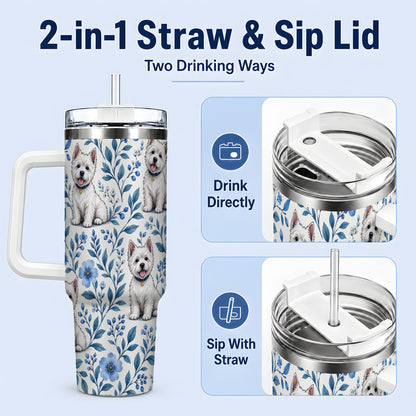 #pl[40oz|White] White Terrier Blue Floral 40oz Tumbler with Botanical Dog Artwork