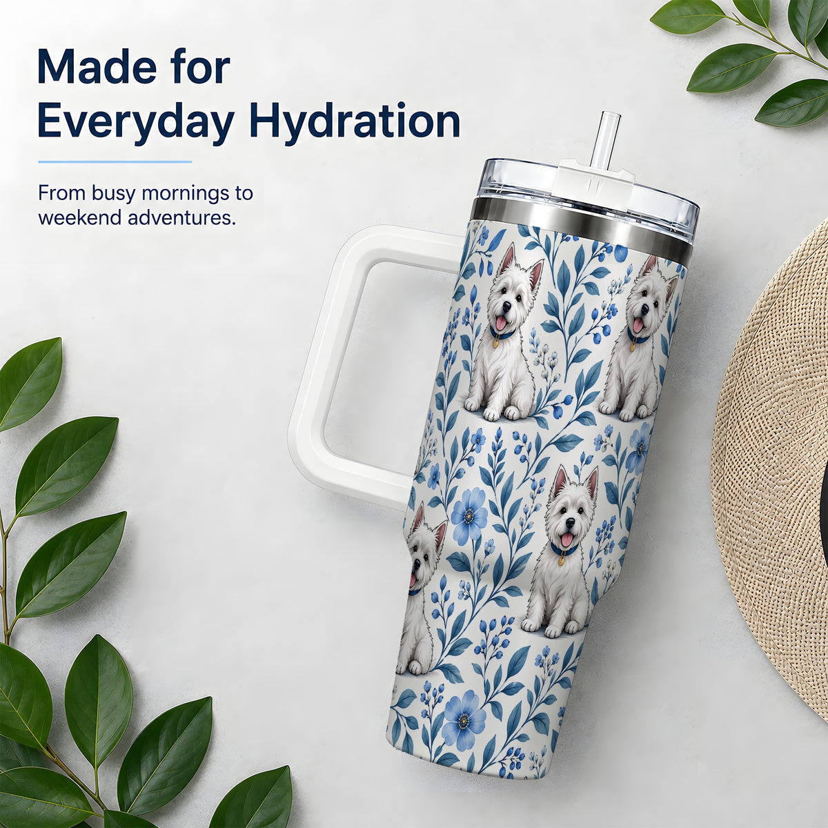 White Terrier Blue Floral 40oz Tumbler with Botanical Dog Artwork