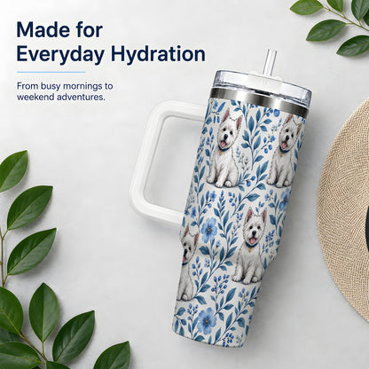 White Terrier Blue Floral 40oz Tumbler with Botanical Dog Artwork