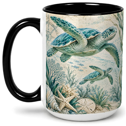 #pl[15oz|Black] Sea Turtle Coastal Ceramic Mug, Ocean Wildlife Artwork