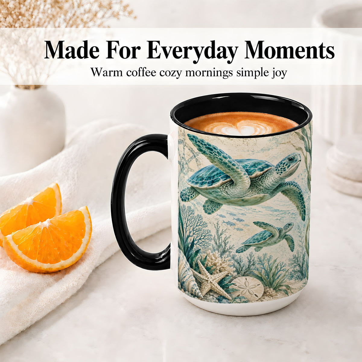 #pl[15oz|Black] Sea Turtle Coastal Ceramic Mug, Ocean Wildlife Artwork