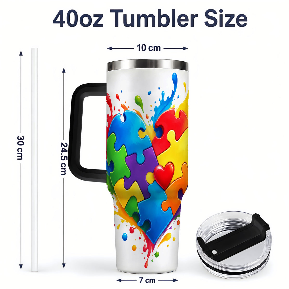 #pl[40oz|Black] Autism Awareness Puzzle Heart 40oz Tumbler with Colorful Artwork