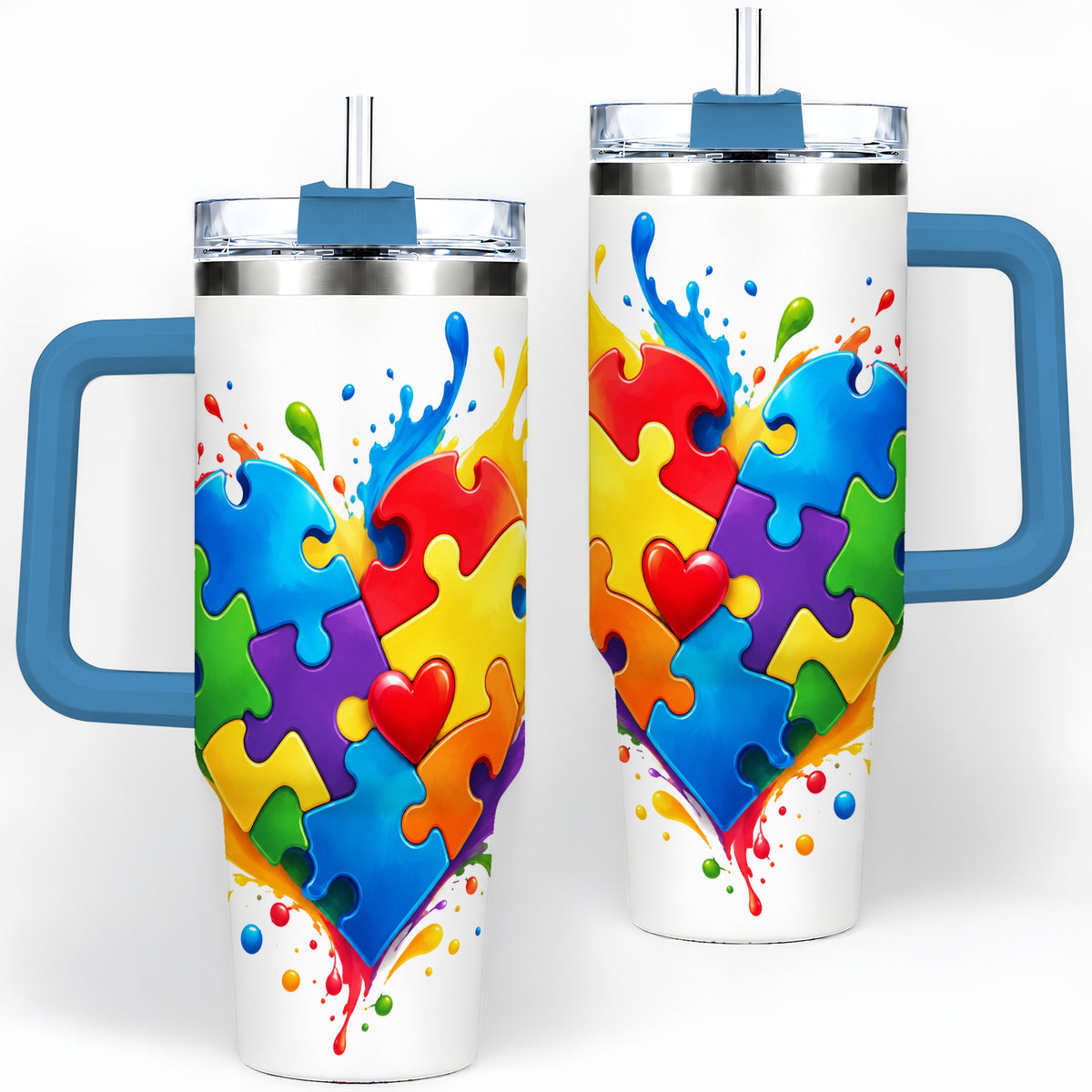 #pl[40oz|Blue] Autism Awareness Puzzle Heart 40oz Tumbler with Colorful Artwork