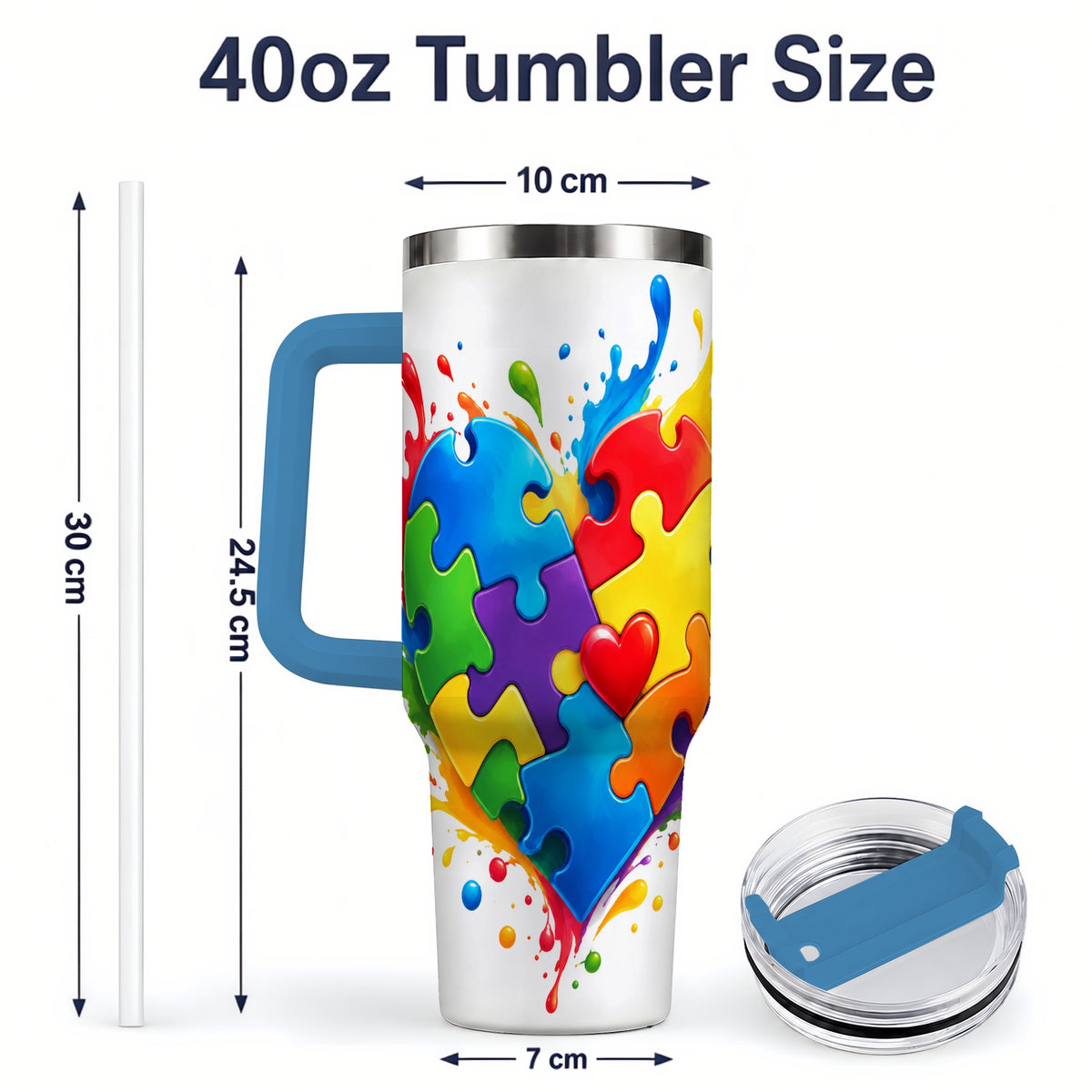 #pl[40oz|Blue] Autism Awareness Puzzle Heart 40oz Tumbler with Colorful Artwork