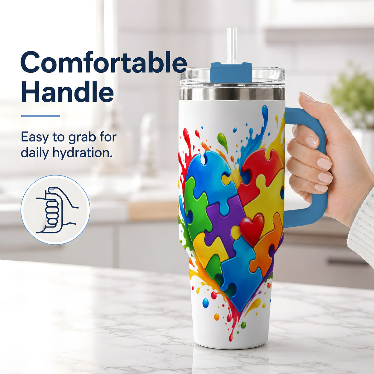 #pl[40oz|Blue] Autism Awareness Puzzle Heart 40oz Tumbler with Colorful Artwork