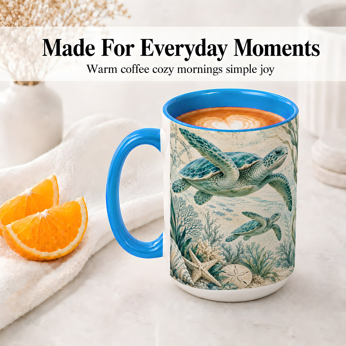 #pl[15oz|Blue] Sea Turtle Coastal Ceramic Mug, Ocean Wildlife Artwork