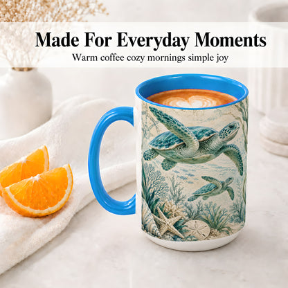 #pl[15oz|Blue] Sea Turtle Coastal Ceramic Mug, Ocean Wildlife Artwork