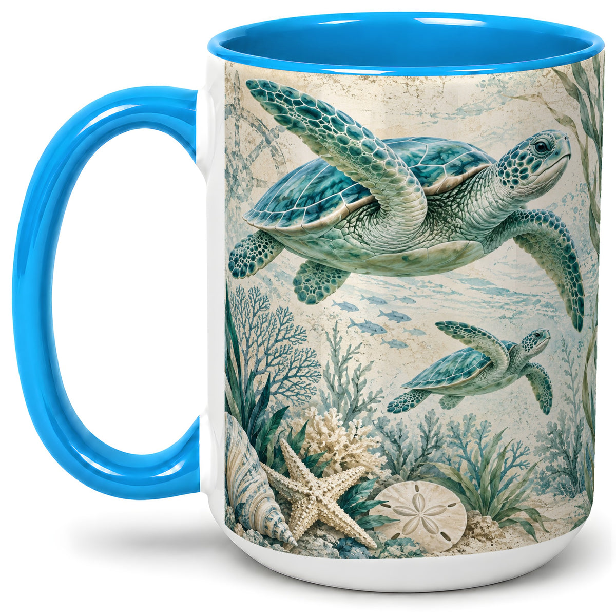 #pl[15oz|Blue] Sea Turtle Coastal Ceramic Mug, Ocean Wildlife Artwork