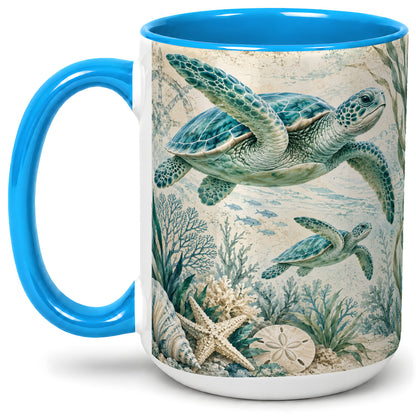 #pl[15oz|Blue] Sea Turtle Coastal Ceramic Mug, Ocean Wildlife Artwork