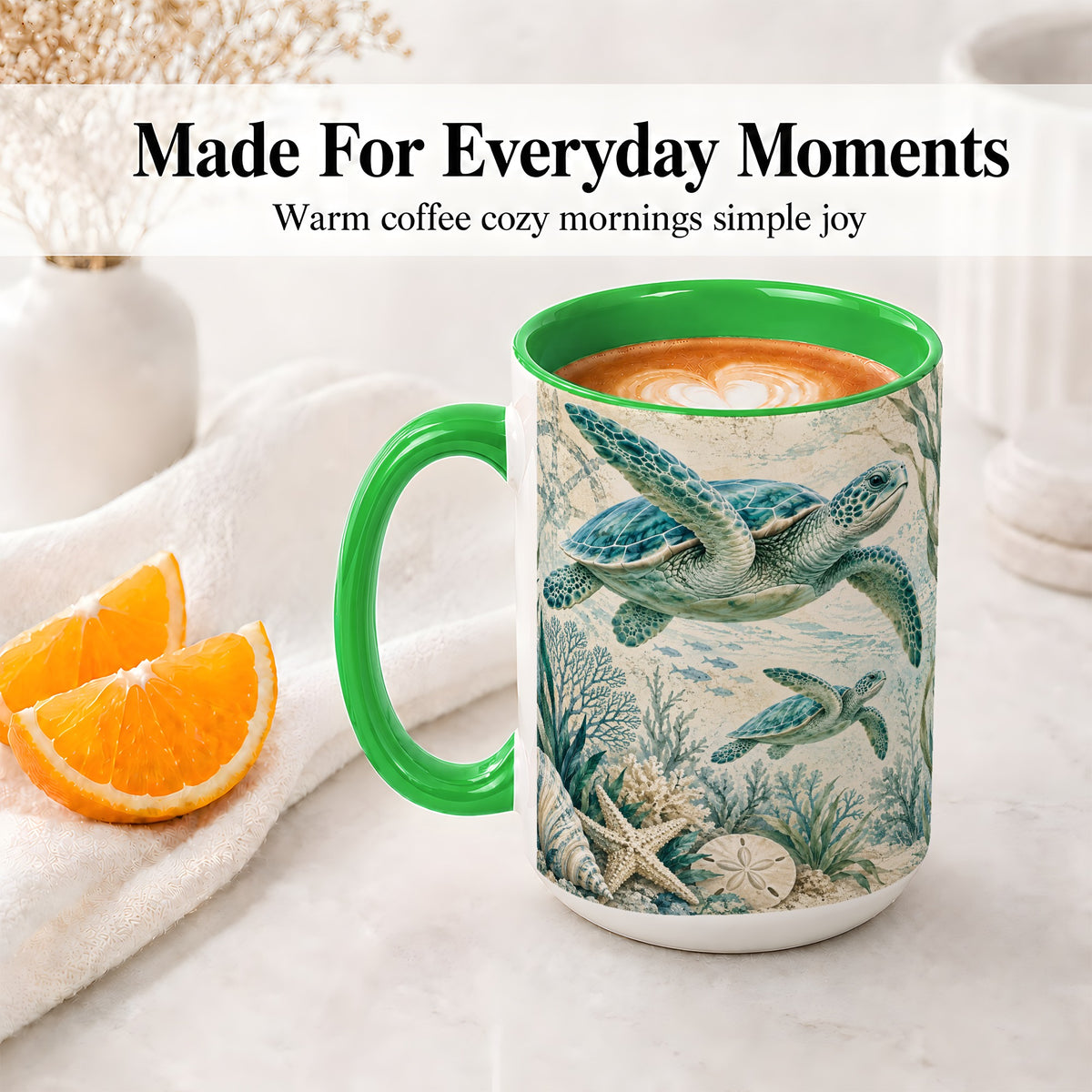 #pl[15oz|Green] Sea Turtle Coastal Ceramic Mug, Ocean Wildlife Artwork