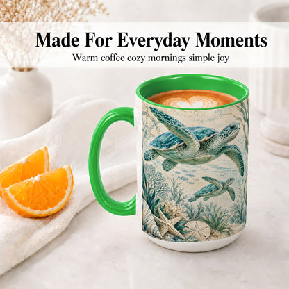 #pl[15oz|Green] Sea Turtle Coastal Ceramic Mug, Ocean Wildlife Artwork