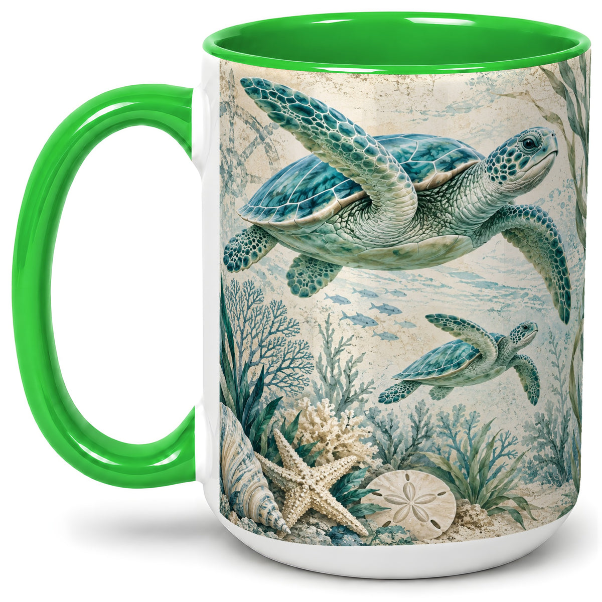 #pl[15oz|Green] Sea Turtle Coastal Ceramic Mug, Ocean Wildlife Artwork