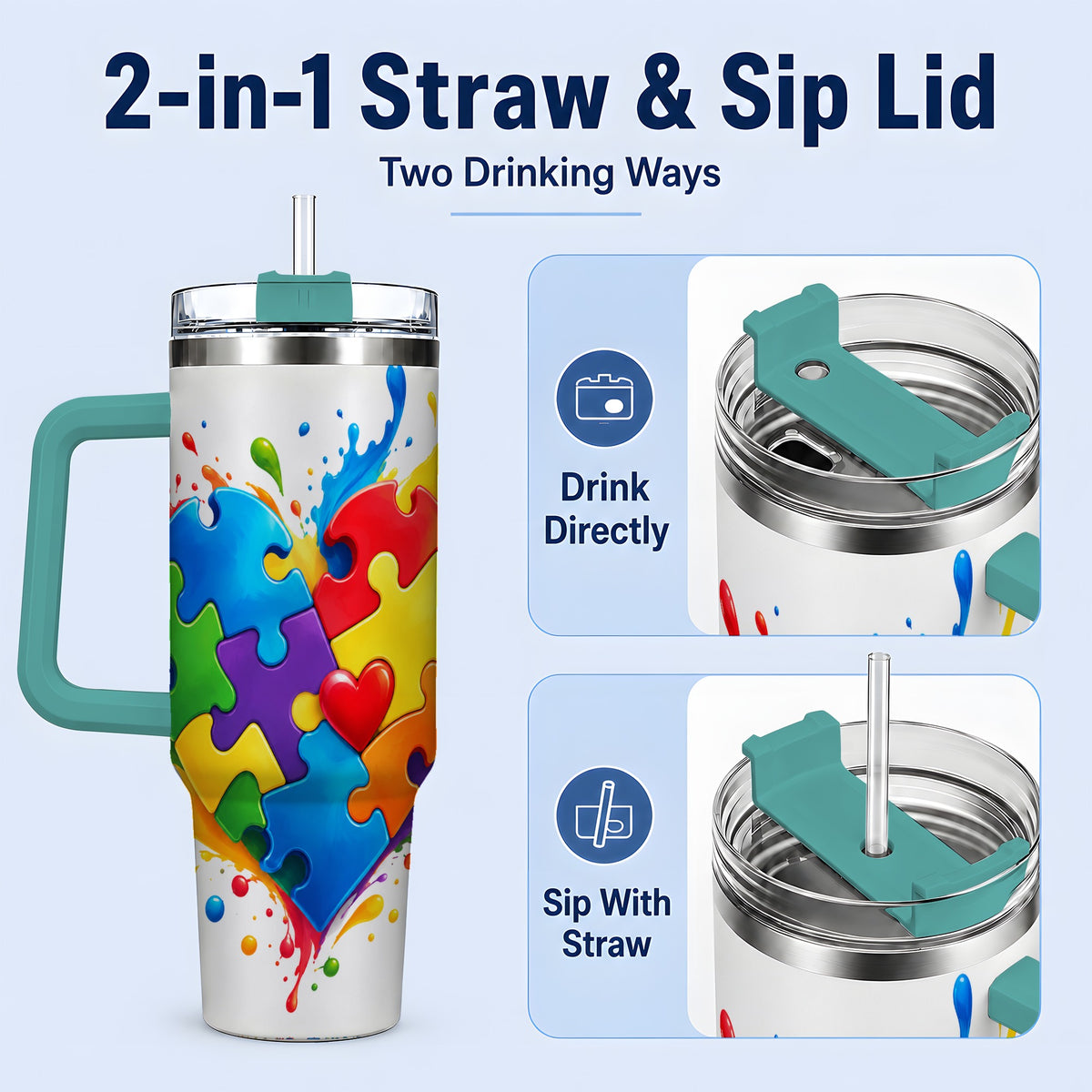 #pl[40oz|Green] Autism Awareness Puzzle Heart 40oz Tumbler with Colorful Artwork