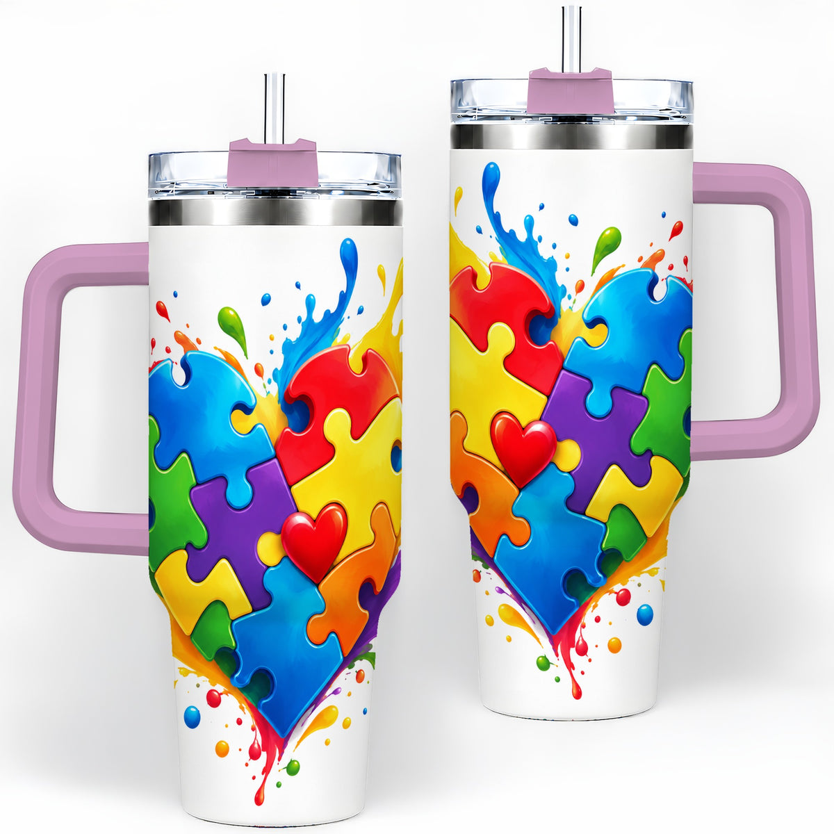 #pl[40oz|Pink] Autism Awareness Puzzle Heart 40oz Tumbler with Colorful Artwork