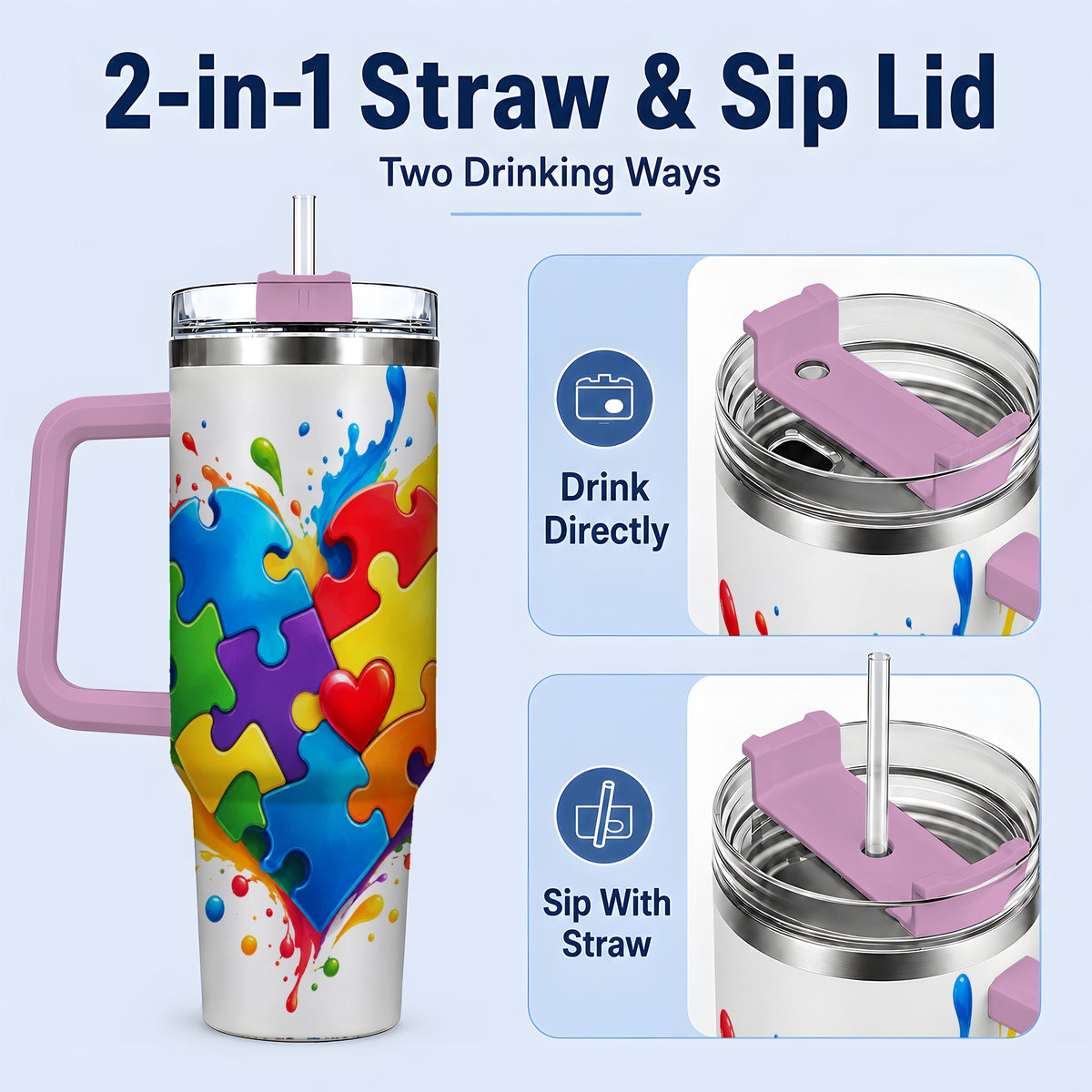 #pl[40oz|Pink] Autism Awareness Puzzle Heart 40oz Tumbler with Colorful Artwork