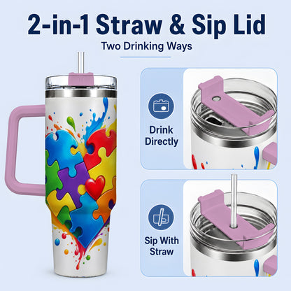 #pl[40oz|Pink] Autism Awareness Puzzle Heart 40oz Tumbler with Colorful Artwork