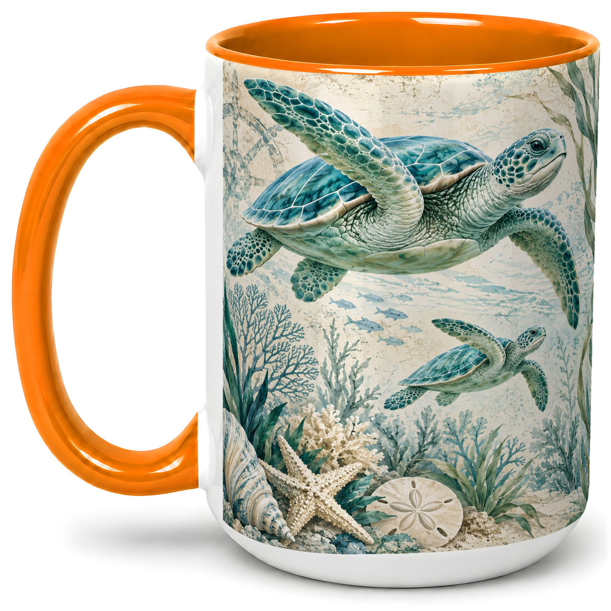 #pl[15oz|Orange] Sea Turtle Coastal Ceramic Mug, Ocean Wildlife Artwork