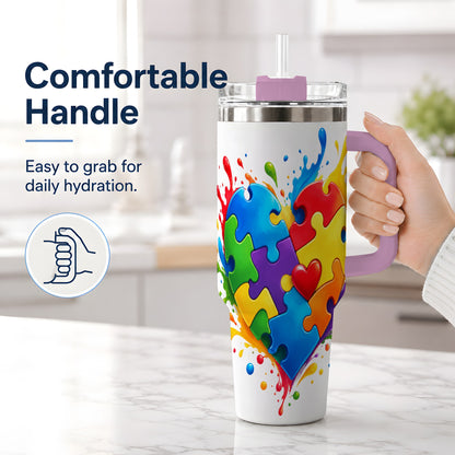 #pl[40oz|Pink] Autism Awareness Puzzle Heart 40oz Tumbler with Colorful Artwork