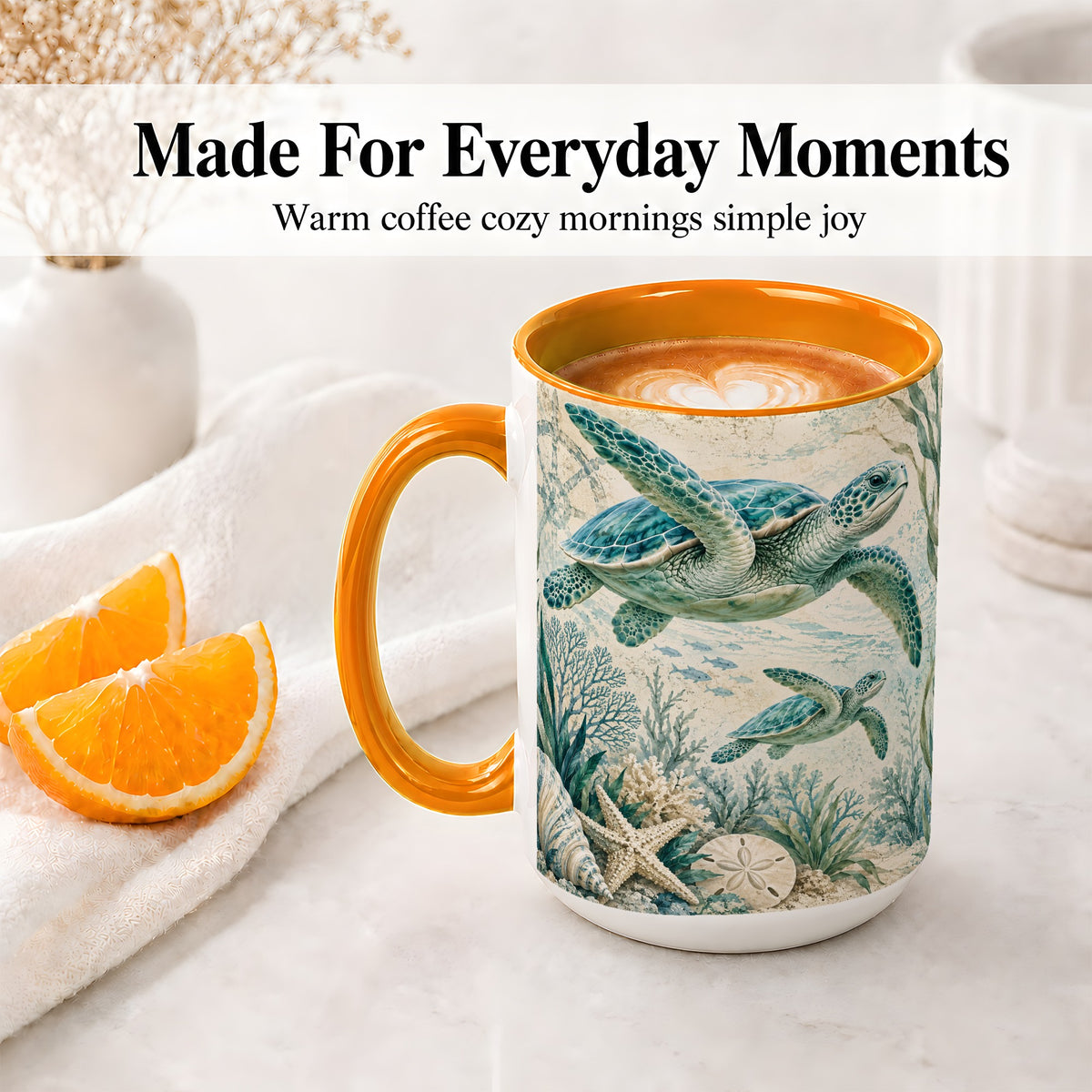 #pl[15oz|Orange] Sea Turtle Coastal Ceramic Mug, Ocean Wildlife Artwork