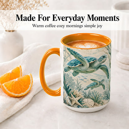 #pl[15oz|Orange] Sea Turtle Coastal Ceramic Mug, Ocean Wildlife Artwork
