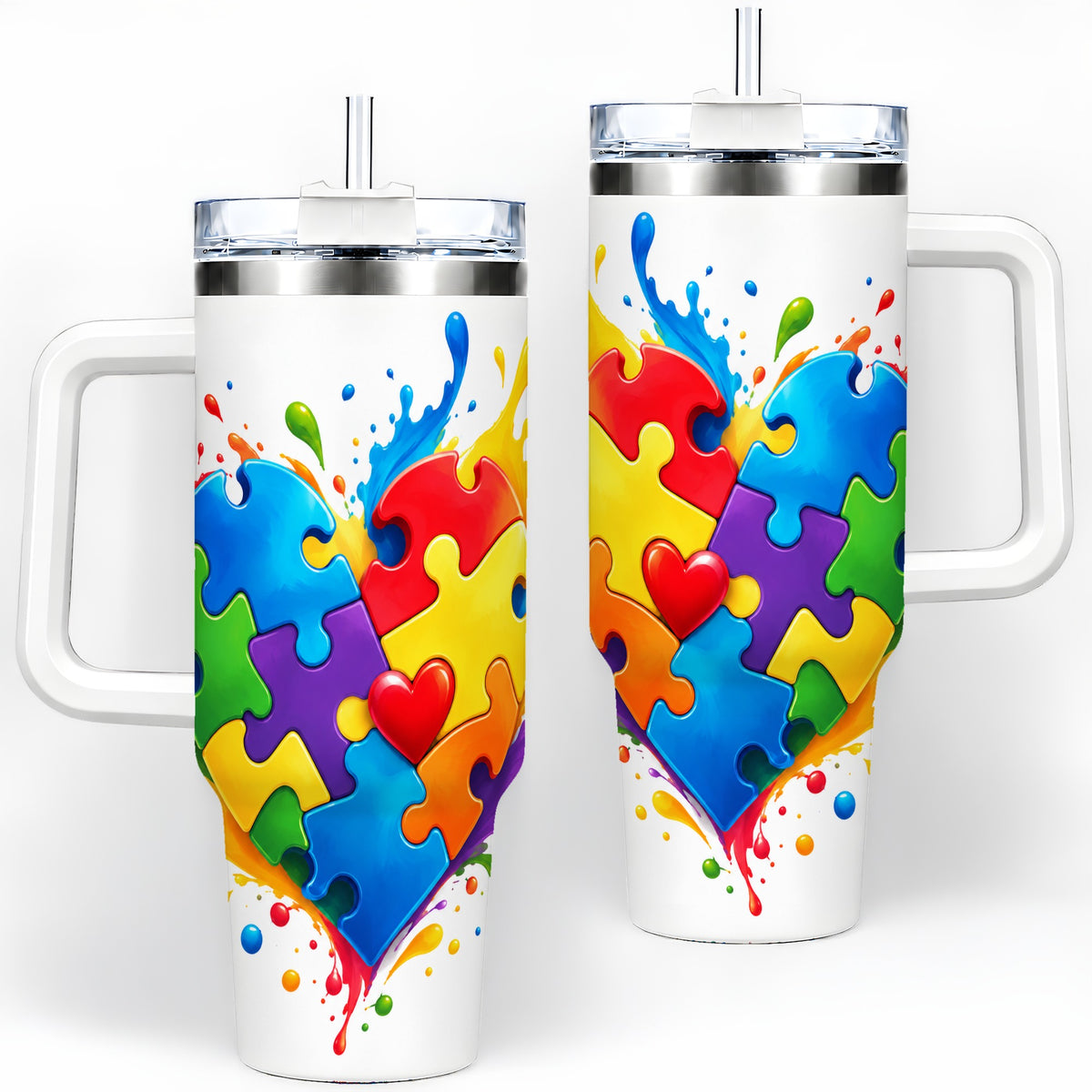 Autism Awareness Puzzle Heart 40oz Tumbler with Colorful Artwork