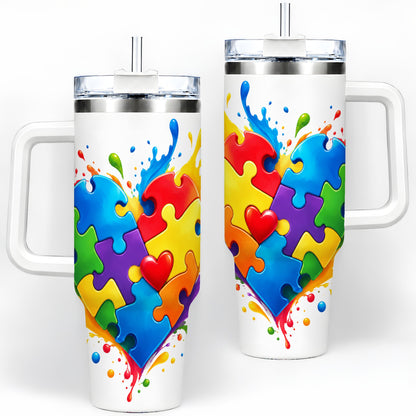 Autism Awareness Puzzle Heart 40oz Tumbler with Colorful Artwork