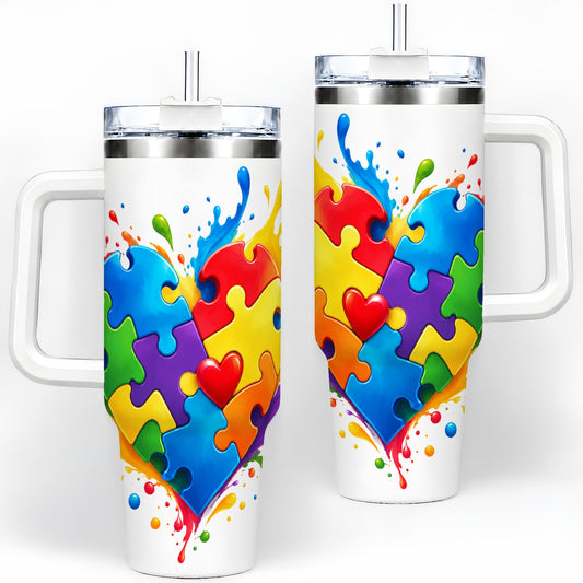 Autism Awareness Puzzle Heart 40oz Tumbler with Colorful Artwork