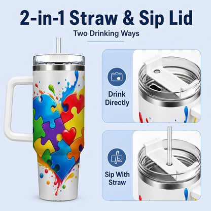 #pl[40oz|White] Autism Awareness Puzzle Heart 40oz Tumbler with Colorful Artwork