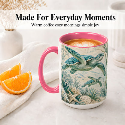 #pl[15oz|Pink] Sea Turtle Coastal Ceramic Mug, Ocean Wildlife Artwork