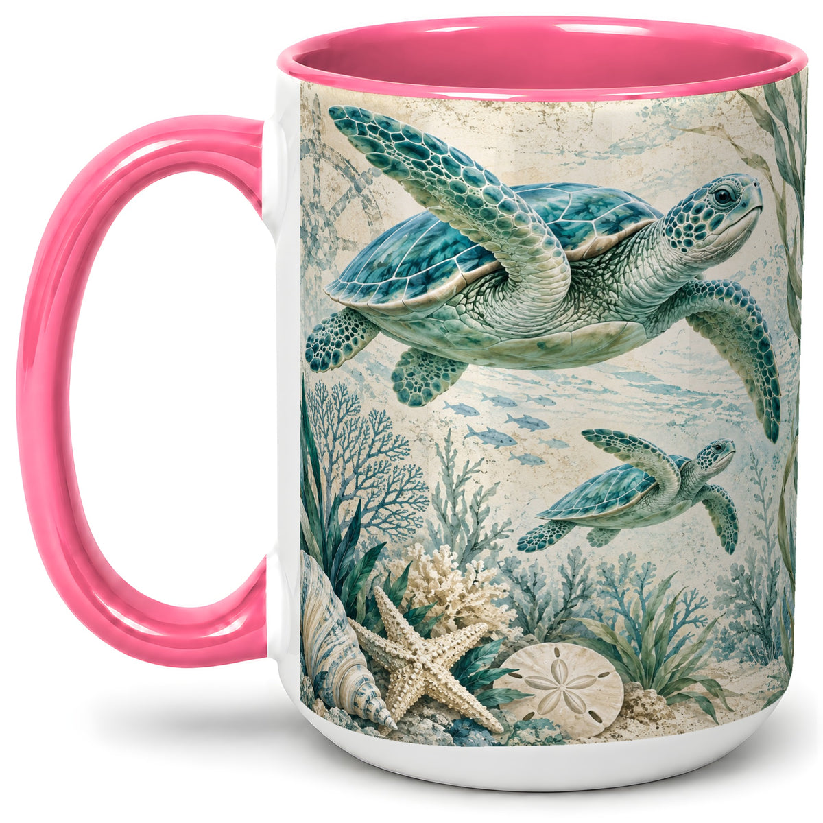 #pl[15oz|Pink] Sea Turtle Coastal Ceramic Mug, Ocean Wildlife Artwork