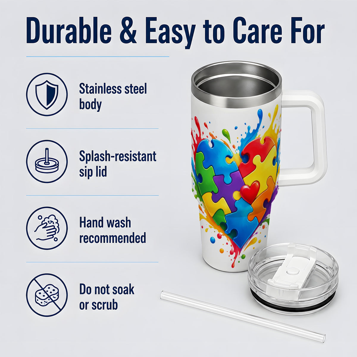 Autism Awareness Puzzle Heart 40oz Tumbler with Colorful Artwork