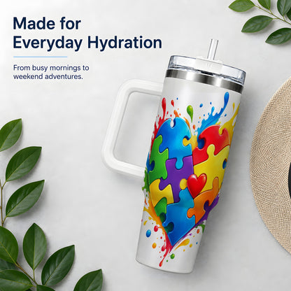 Autism Awareness Puzzle Heart 40oz Tumbler with Colorful Artwork