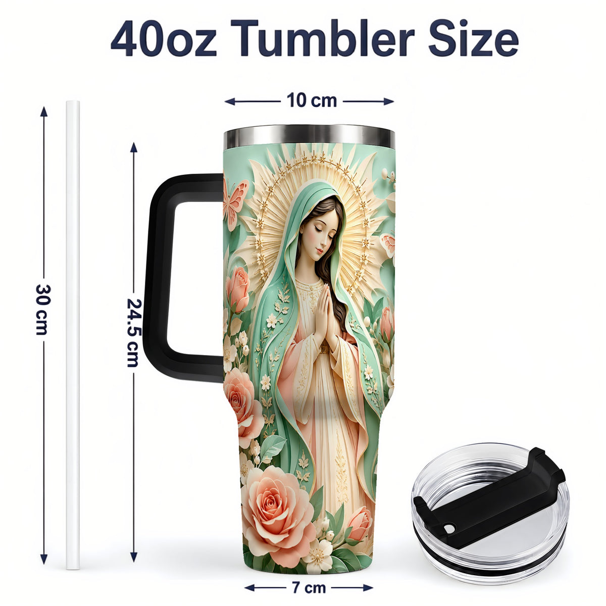 #pl[40oz|Black] Virgin Mary Floral 40oz Tumbler with Roses and Butterfly Artwork