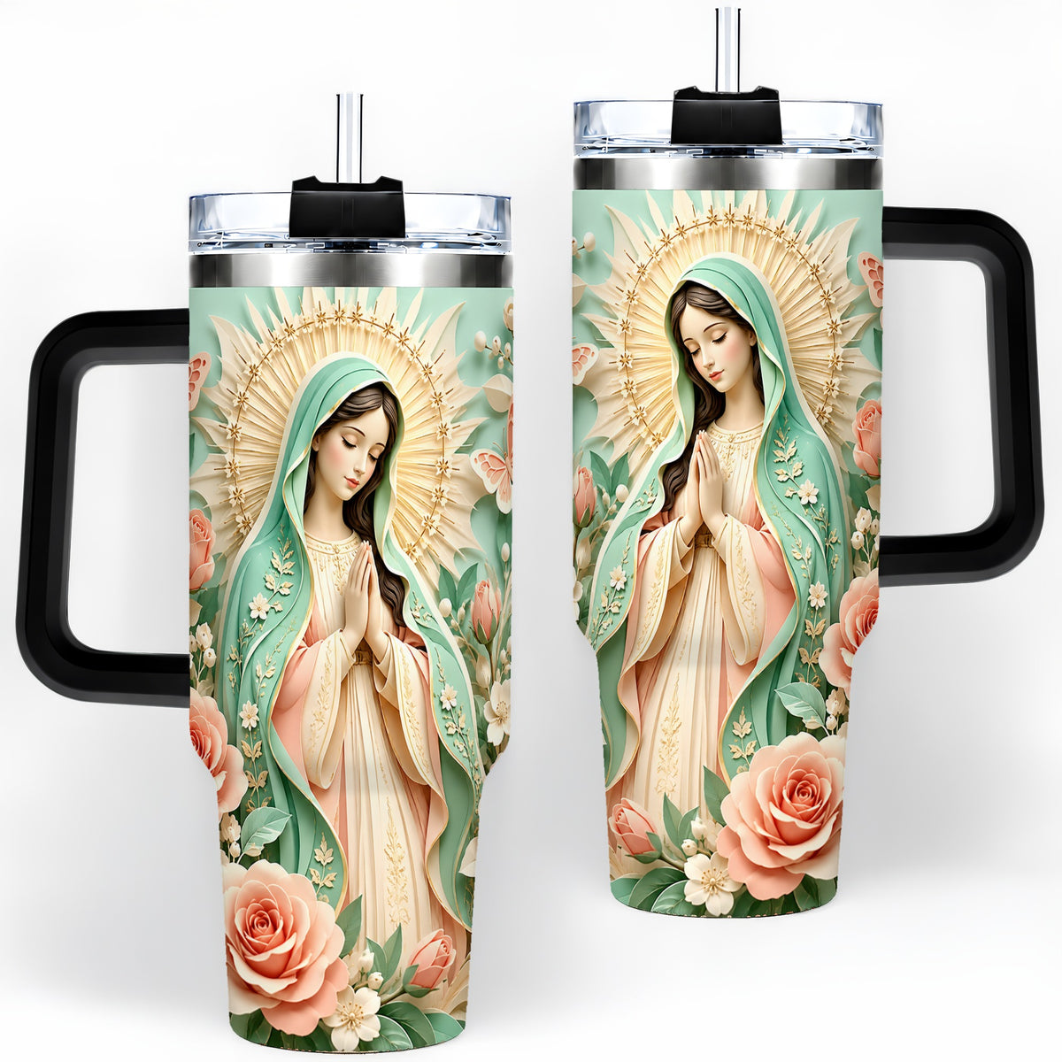 #pl[40oz|Black] Virgin Mary Floral 40oz Tumbler with Roses and Butterfly Artwork