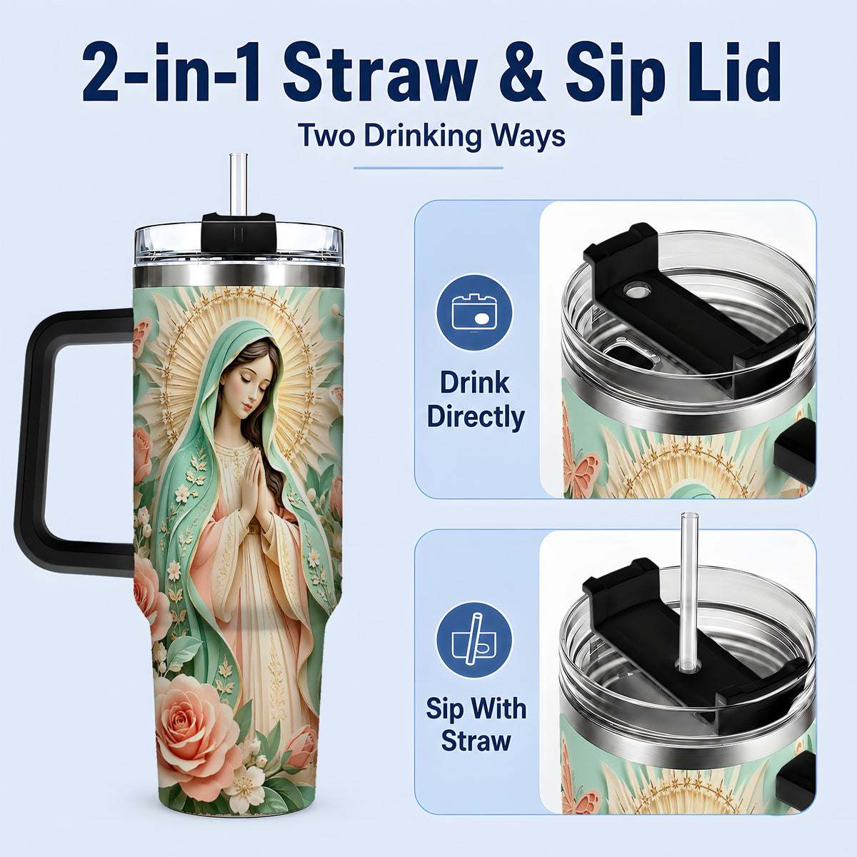 #pl[40oz|Black] Virgin Mary Floral 40oz Tumbler with Roses and Butterfly Artwork