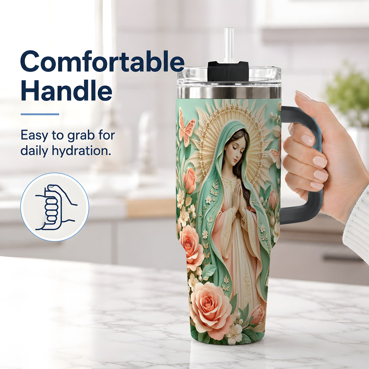 #pl[40oz|Black] Virgin Mary Floral 40oz Tumbler with Roses and Butterfly Artwork