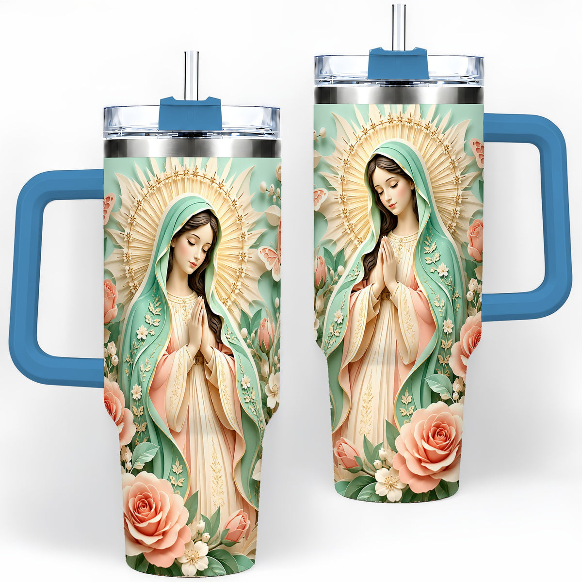 #pl[40oz|Blue] Virgin Mary Floral 40oz Tumbler with Roses and Butterfly Artwork