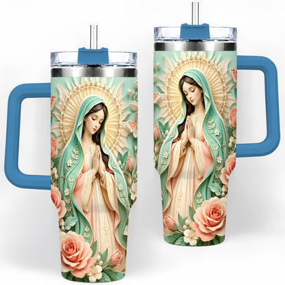 #pl[40oz|Blue] Virgin Mary Floral 40oz Tumbler with Roses and Butterfly Artwork