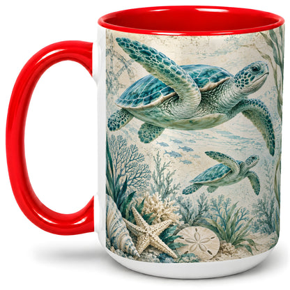 #pl[15oz|Red] Sea Turtle Coastal Ceramic Mug, Ocean Wildlife Artwork