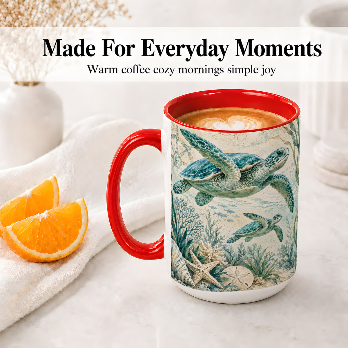 #pl[15oz|Red] Sea Turtle Coastal Ceramic Mug, Ocean Wildlife Artwork